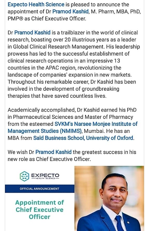 Congratulations to our alumni Dr Pramod Kashid for being appointed as CEO, Expecto Health Science.