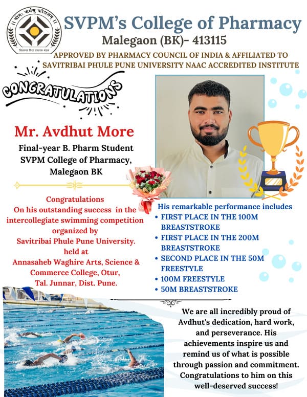 Congratulations, Mr. Avdhut More our Final Year B. Pharm student for his outstanding success in the intercollegiate swimming competition organized by Savitribai Phule Pune University.