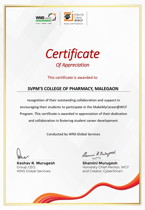 SVPM Pharmacy college awarded with certificate for participating in MakeMyCareer@WCF Program