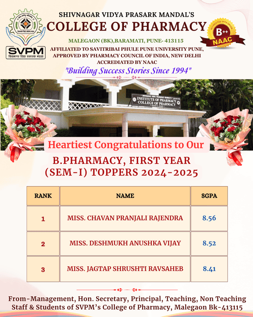 Congratulations to Our B.Pharm First Year Semester I (2024–2025) Toppers  