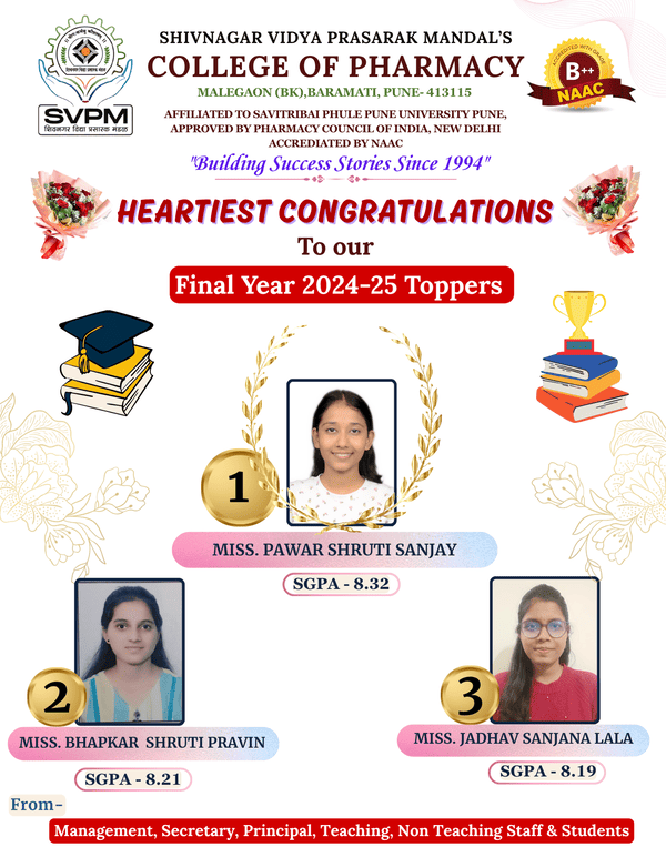 Congratulations to our B.Pharmacy Final Year Toppers ( 2024-25 )