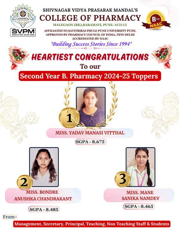 Congratulations to our B.Pharmacy Second Year Toppers ( 2024-25)