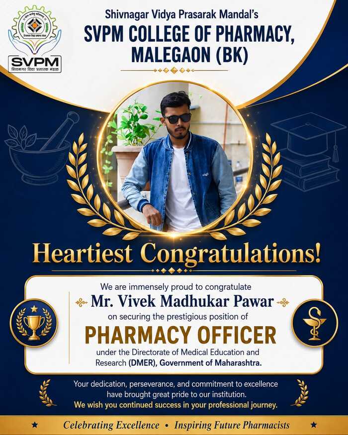 Congratulations Mr. Vivek Pawar for securing post of pharmacy officer DMER 