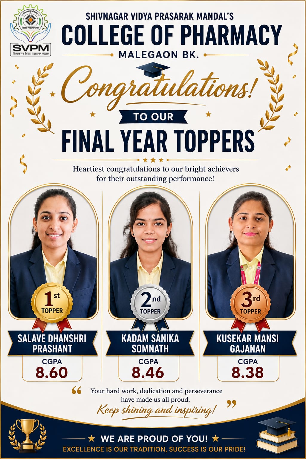 Heartiest Congratulations to the Final Year B. Pharm Toppers (AY 2025–26)