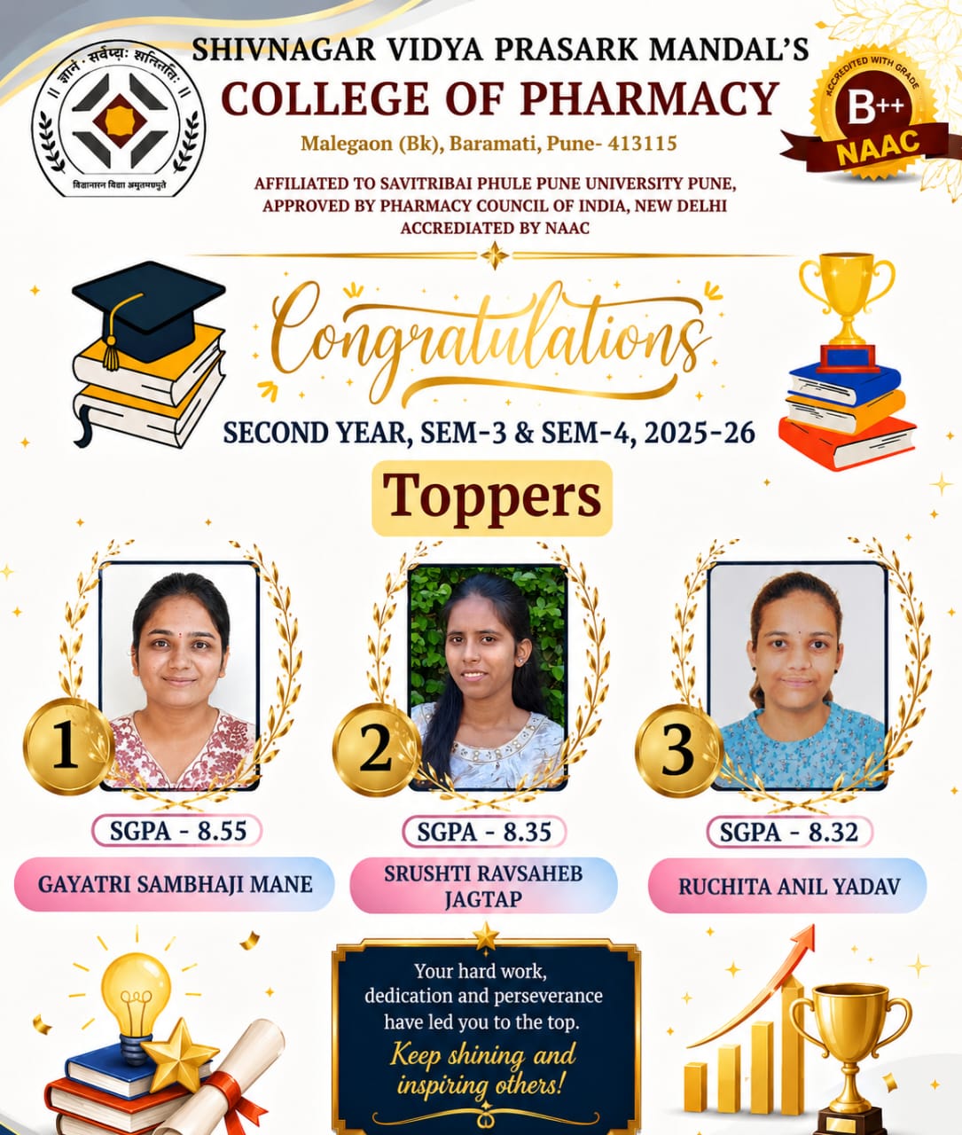 Heartiest Congratulations to the Second Year B. Pharm Toppers (AY 2025–26)