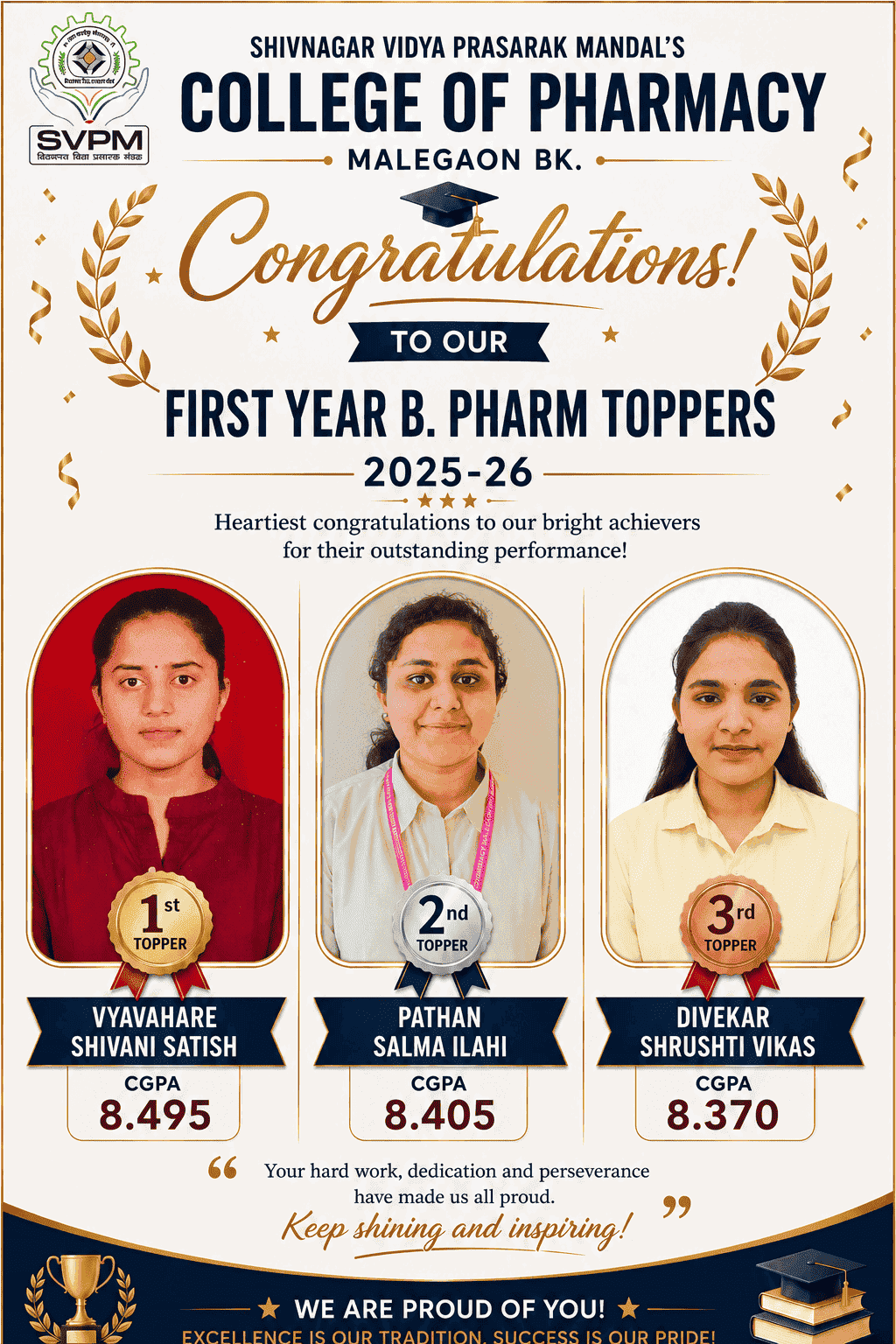 Heartiest Congratulations to the First Year B. Pharm Toppers (AY 2025–26)